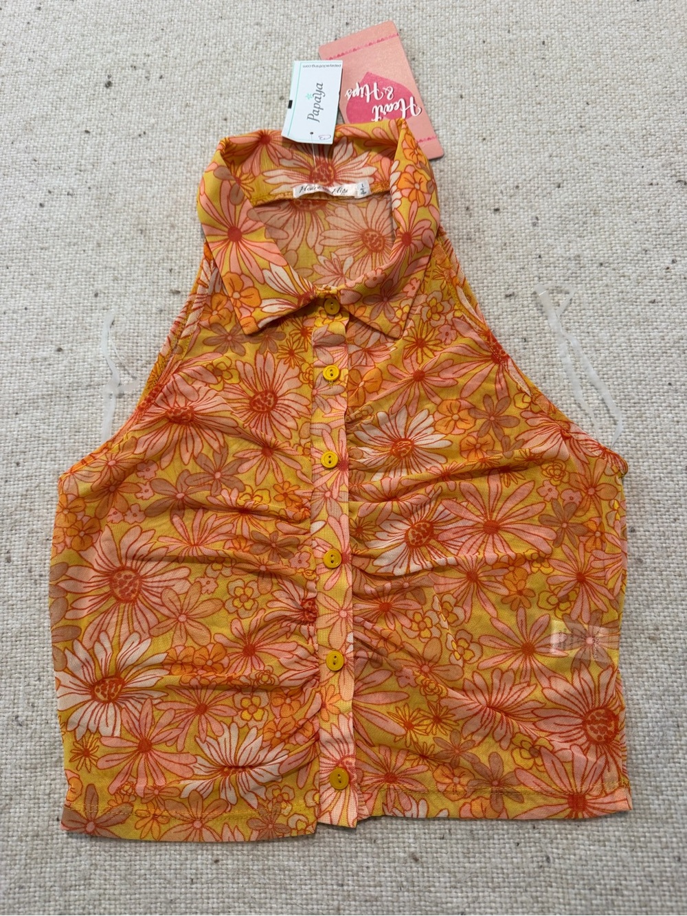 Heart Hips Sheer Floral Halter Crop Top - Yellow, Orange, Pink